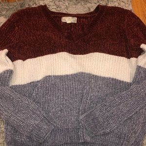 maroon white and gray sweater